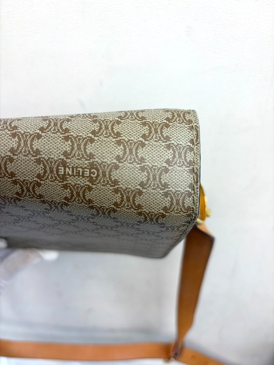 CELINE Logo Horse Carriage Macadam Shoulder Bag PVC Leather Beige GHW 30KC949