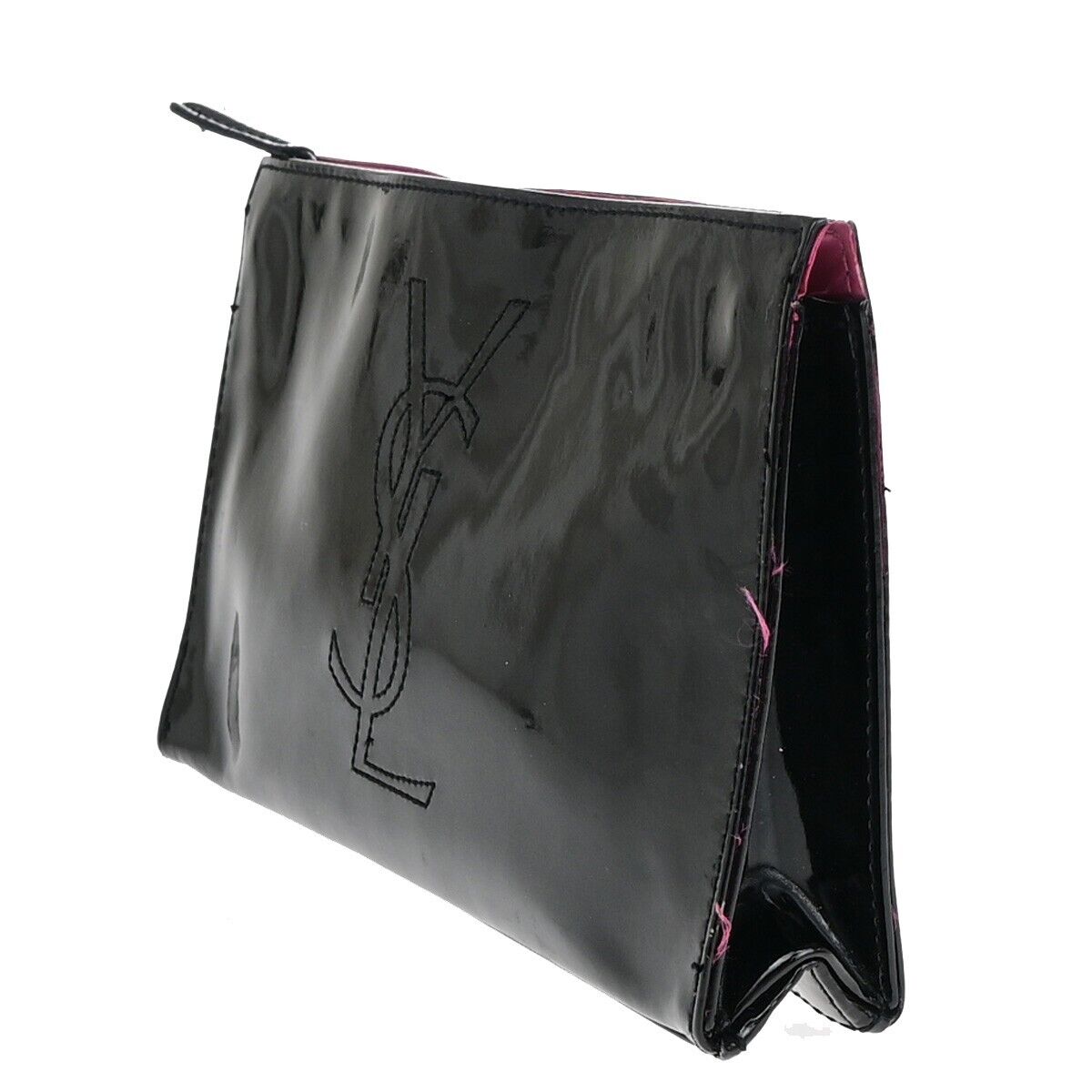 YVES SAINT LAURENT YSL Logo Pouch Bag Patent Leather Black Pink GHW 03EC033
