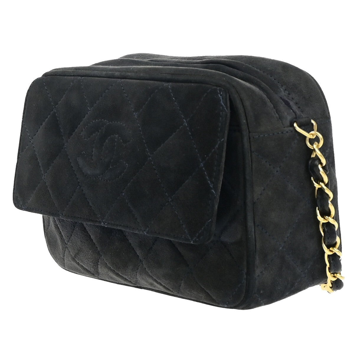 CHANEL CC Logo Mini Matelasse Shoulder Bag Suede Leather Navy Blue Gold 678RK542