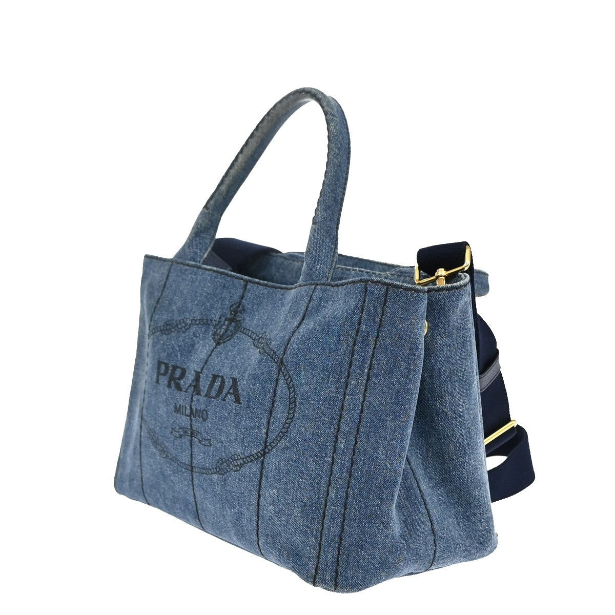 PRADA Logo Canapa 2Way Shoulder Hand Tote Bag Denim Leather Blue GHW 84EE247