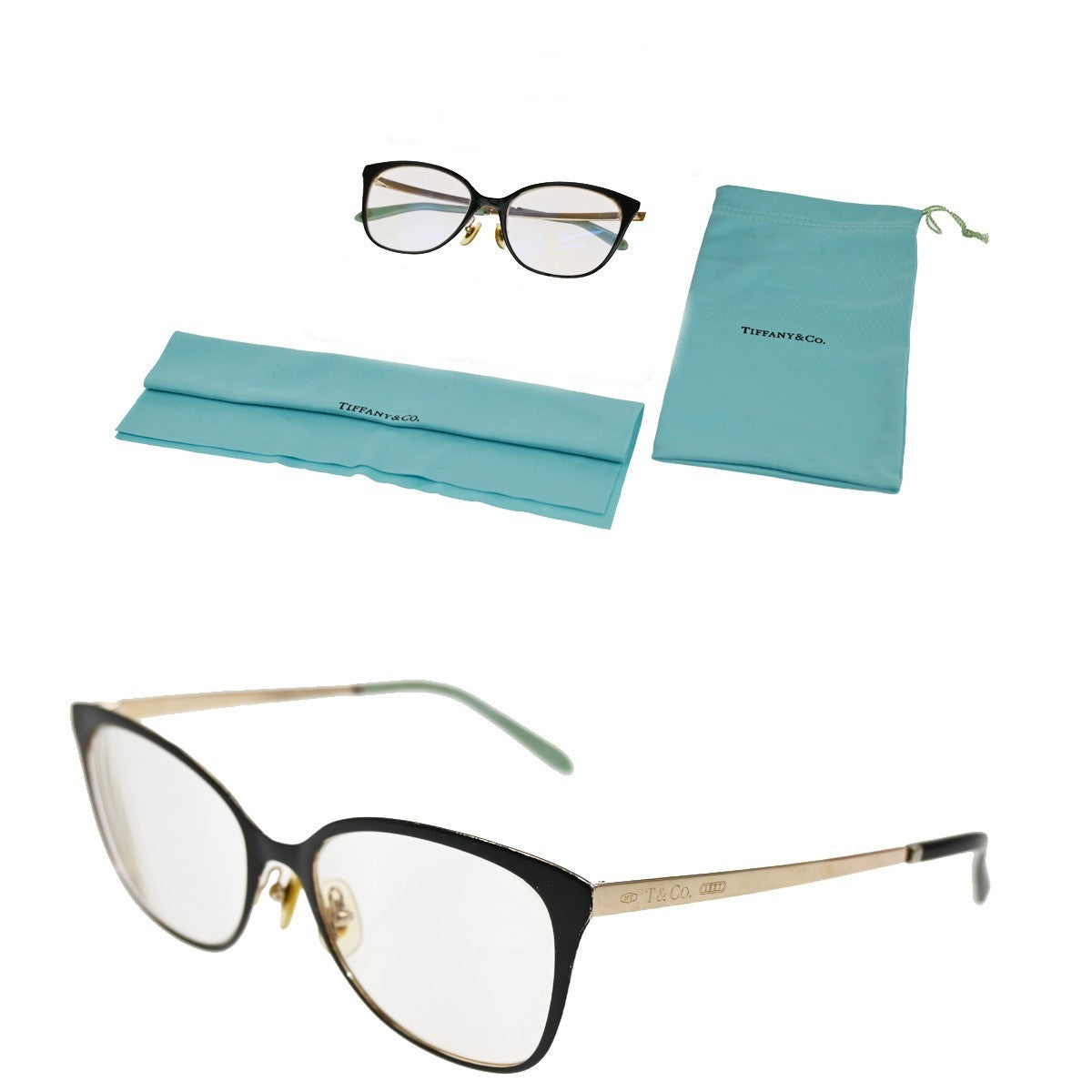 TIFFANY&CO. 1837 Reading Glasses Eye Wear Metal Plastic Gold Blue 07CA414