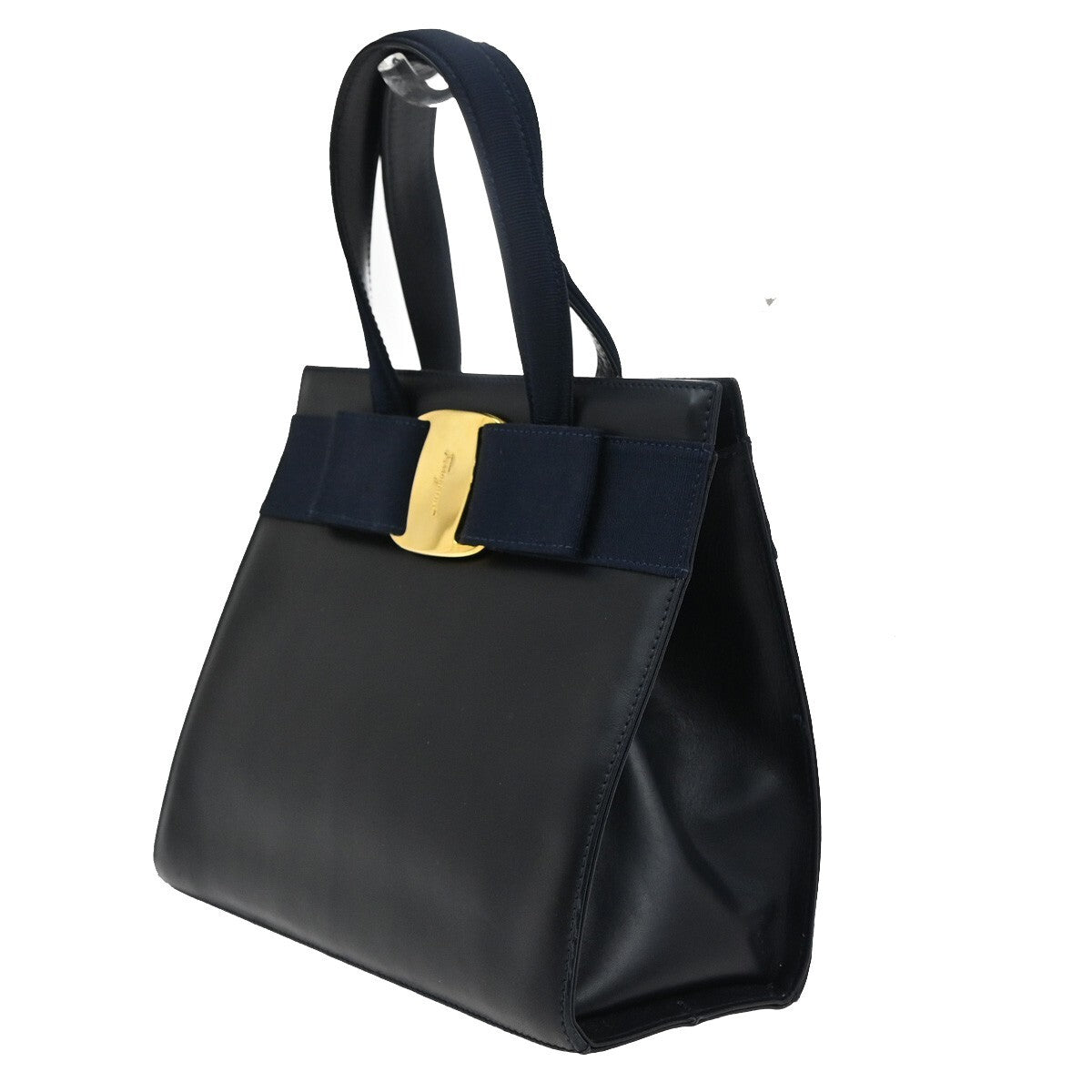 SALVATORE FERRAGAMO LOGO Vara 2Way Hand Bag Leather Canvas Navy Blue 65YH406