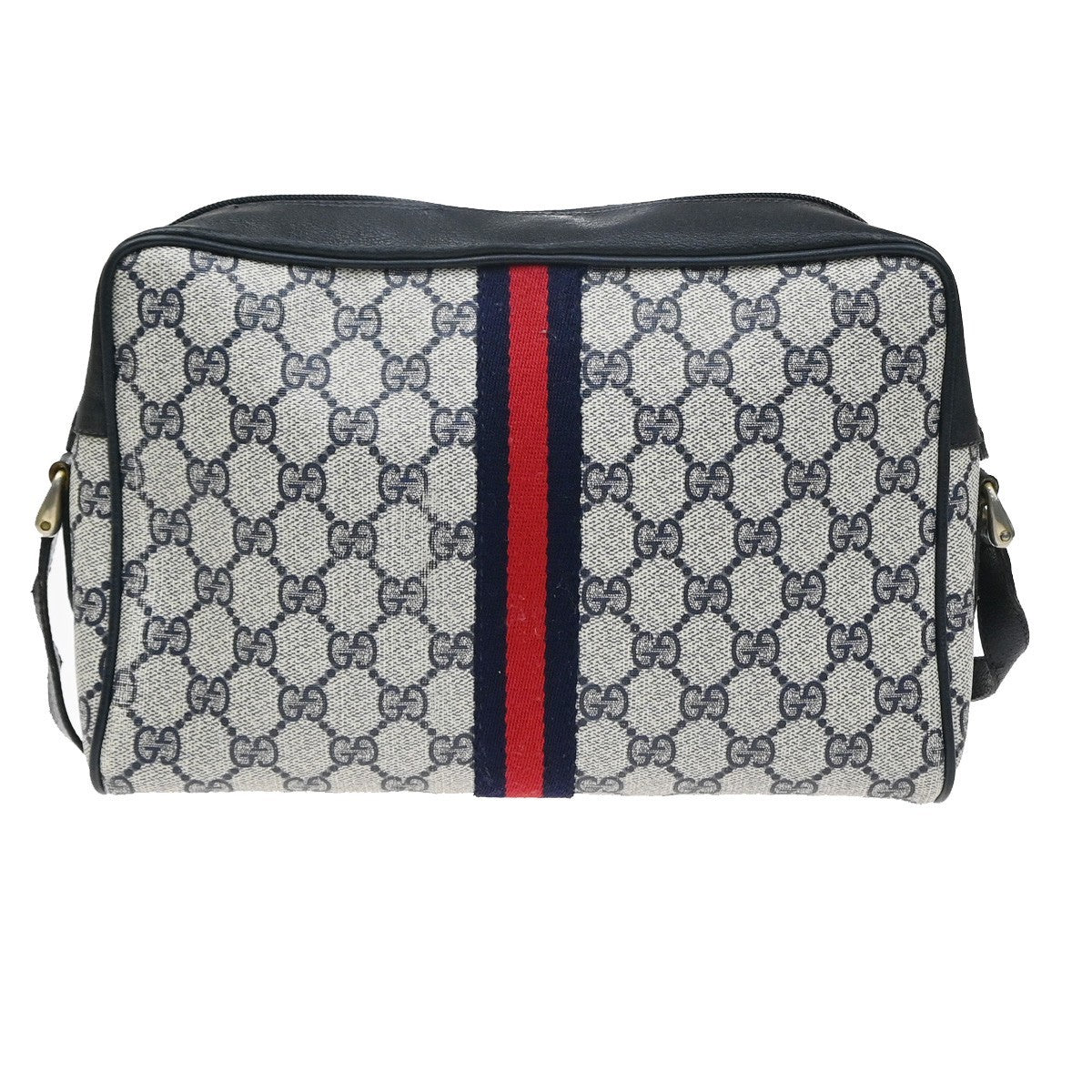 GUCCI Logo Sherry Web Line GG Pattern Shoulder Bag PVC Leather Blue 67YJ157