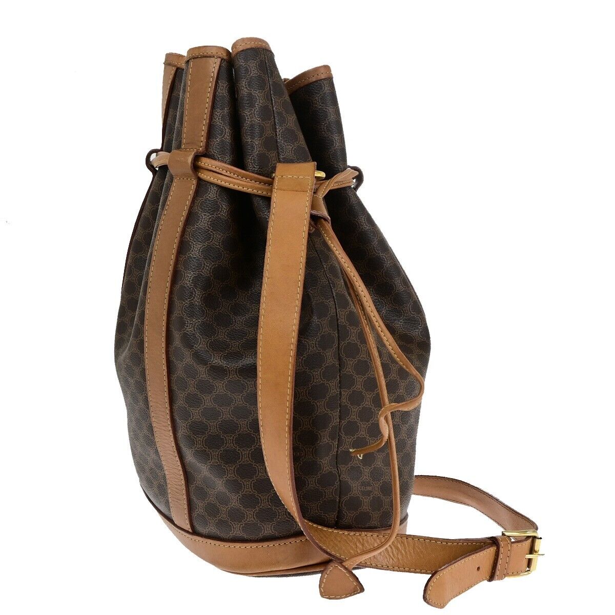 CELINE Logo Macadam Pattern Drawstring Shoulder Bag PVC Leather Brown 69HB986