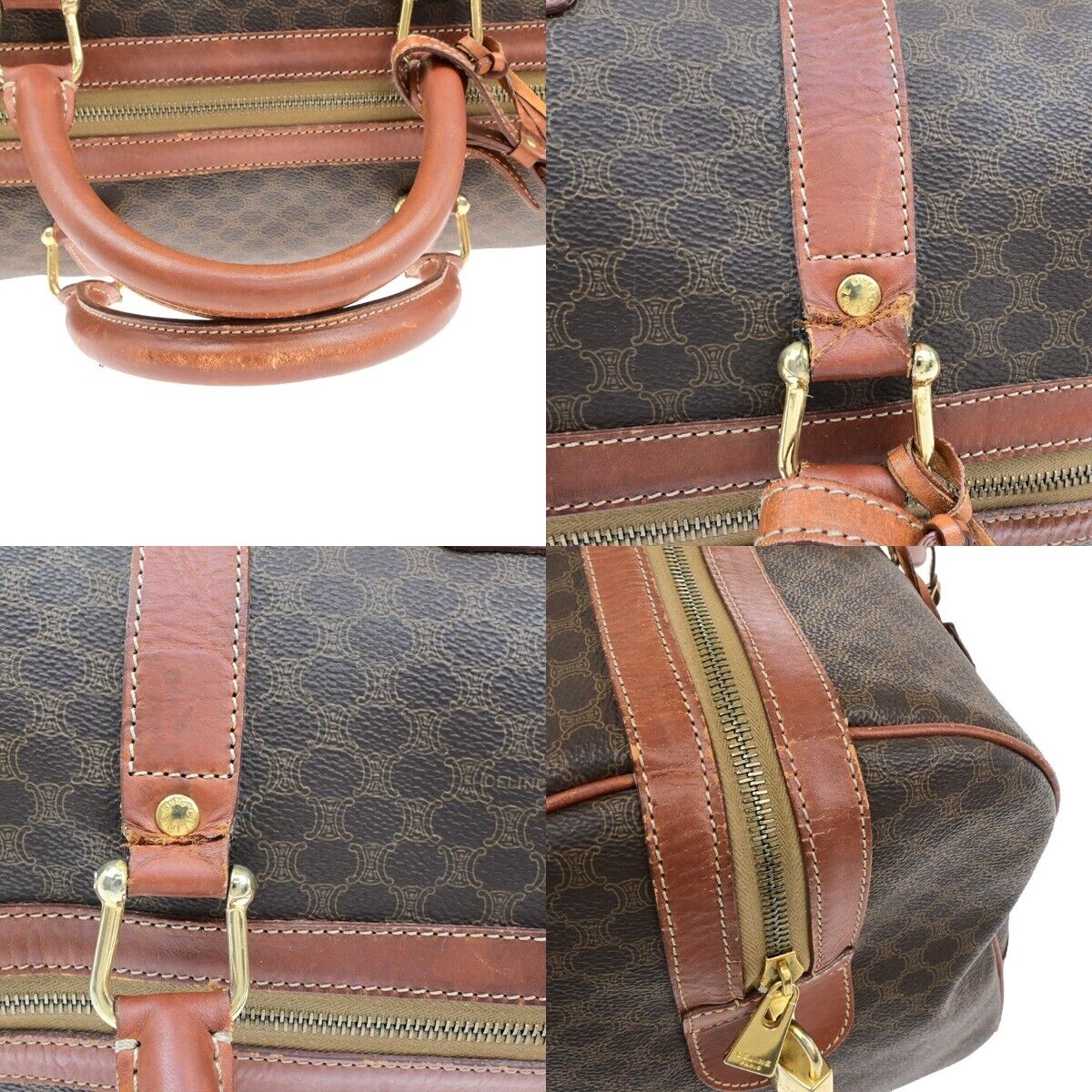 CELINE Macadam Pattern Travel Hand Bag PVC Leather Brown Gold Italy 64ED951