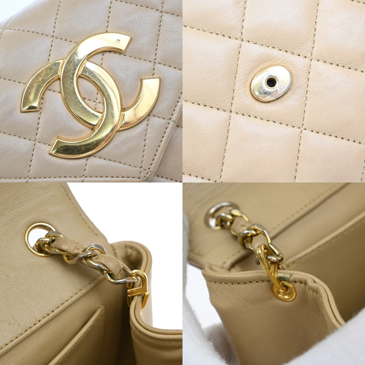 CHANEL CC Logo Mini Matelasse Chain Shoulder Bag Leather Beige GHW 675RF438
