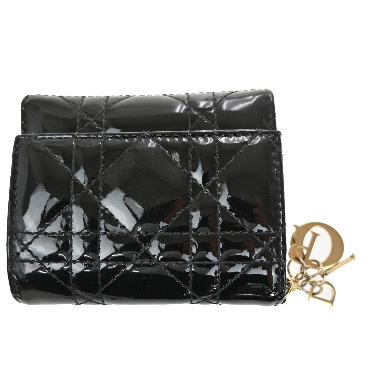 CHRISTIAN DIOR Cannage Trifold Compact Wallet Patent Leather Black GHW 35TA317