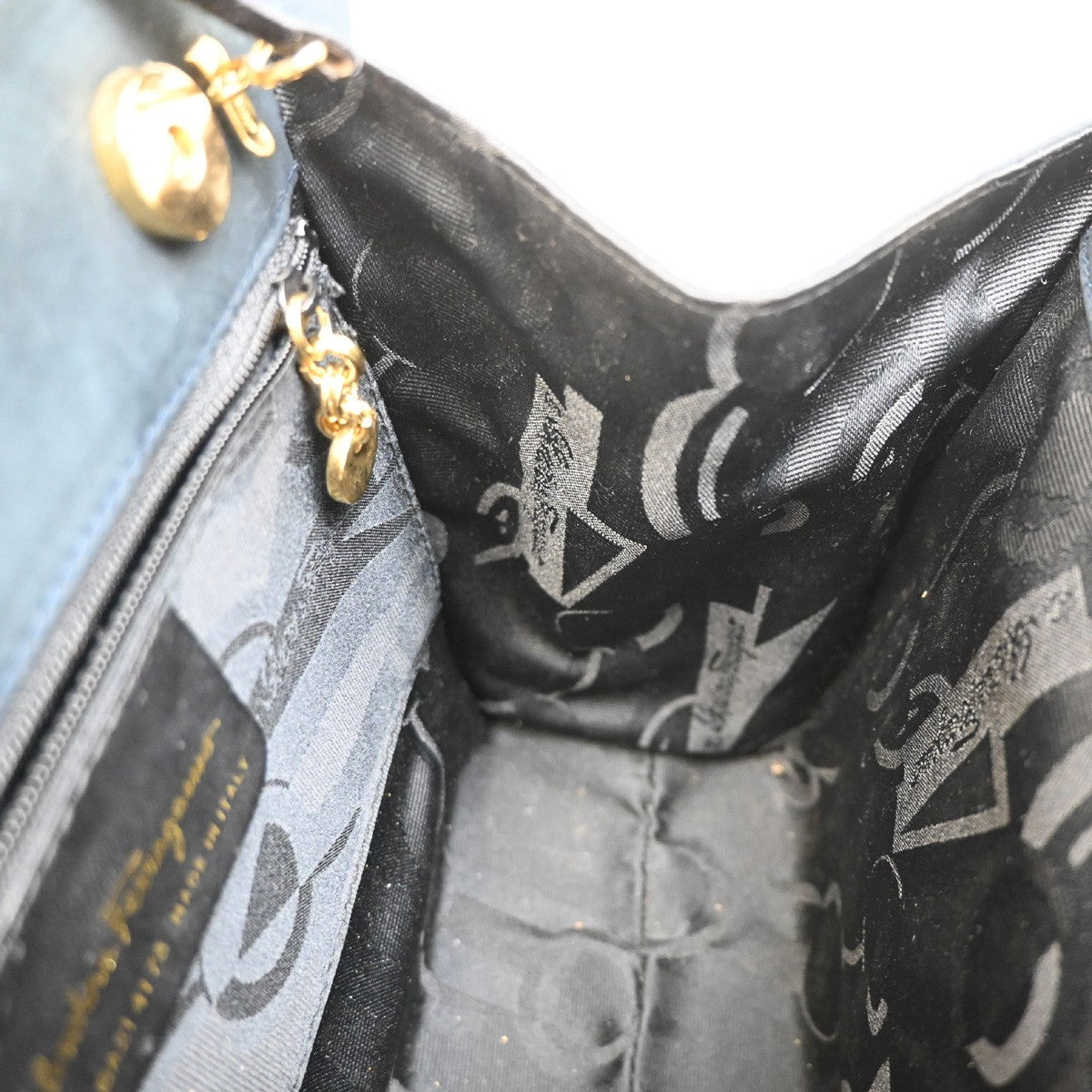 SALVATORE FERRAGAMO Vara 2Way Shouldr Hand Bag Suede Leather Navy Blue 36RF460