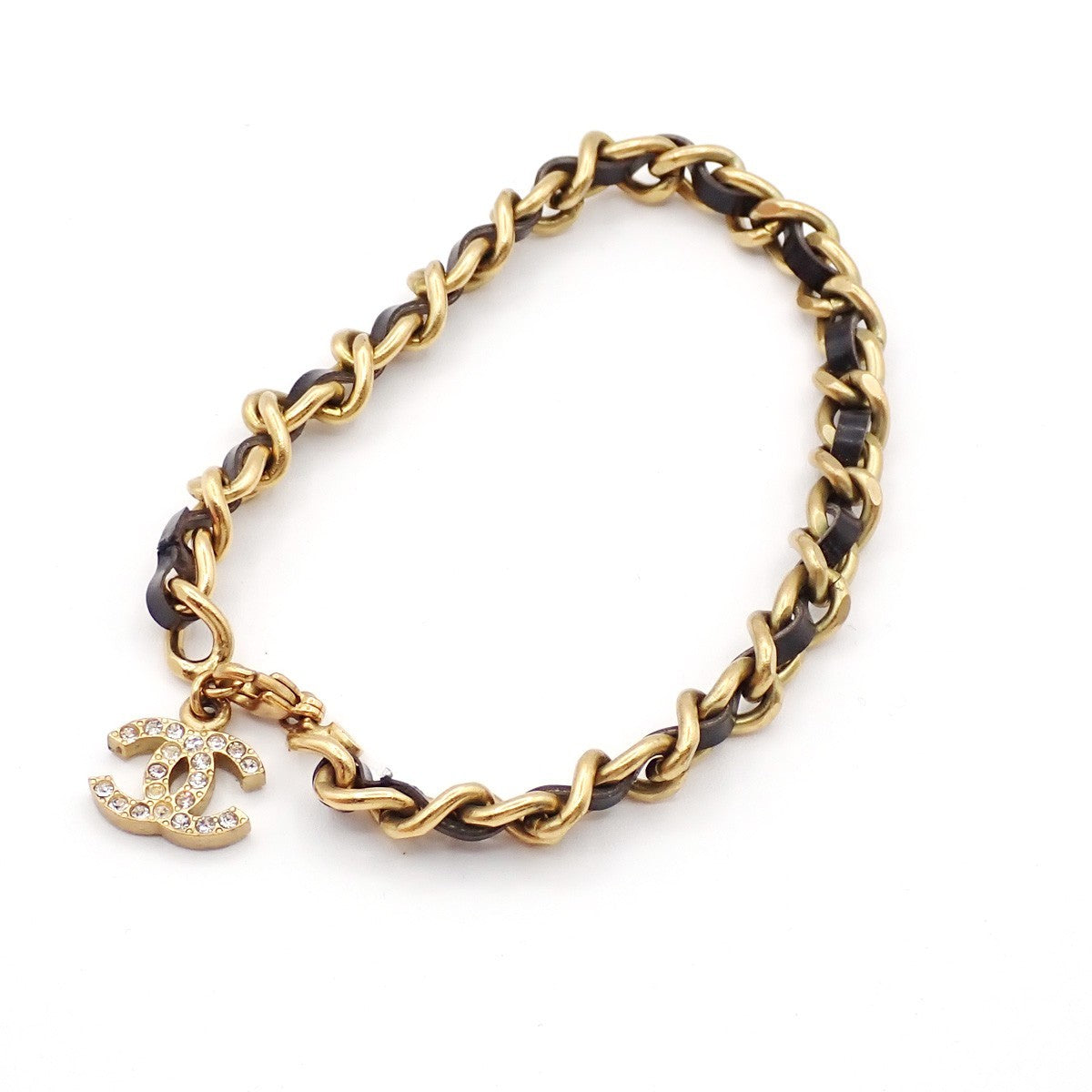 CHANEL CC Rhinestone Chain Bracelet Anklet Leather 95P GHW Black Vintage 12RL959