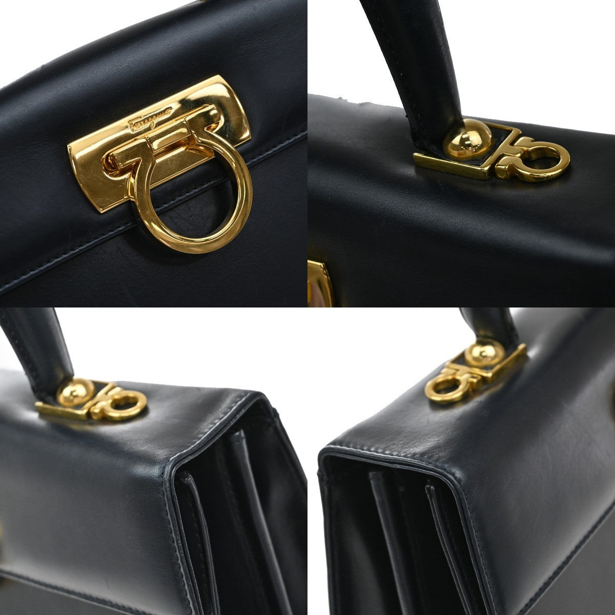 SALVATORE FERRAGAMO Logo Gancini Hand Bag Leather Navy Blue GHW Italy 67EF341