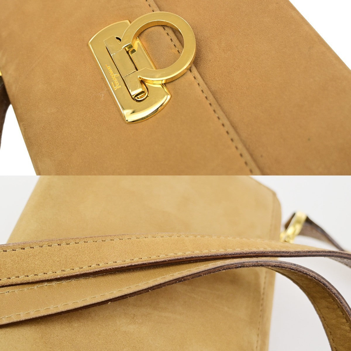 SALVATORE FERRAGAMO Logo Gancini Mini Shoulder Bag Suede Leather Beige 36KD112