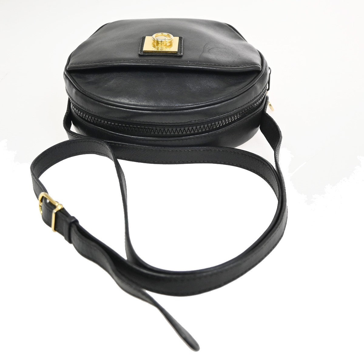CELINE Ring Logo Crossbody Shoulder Bag Leather Black Italy GHW 38KC888