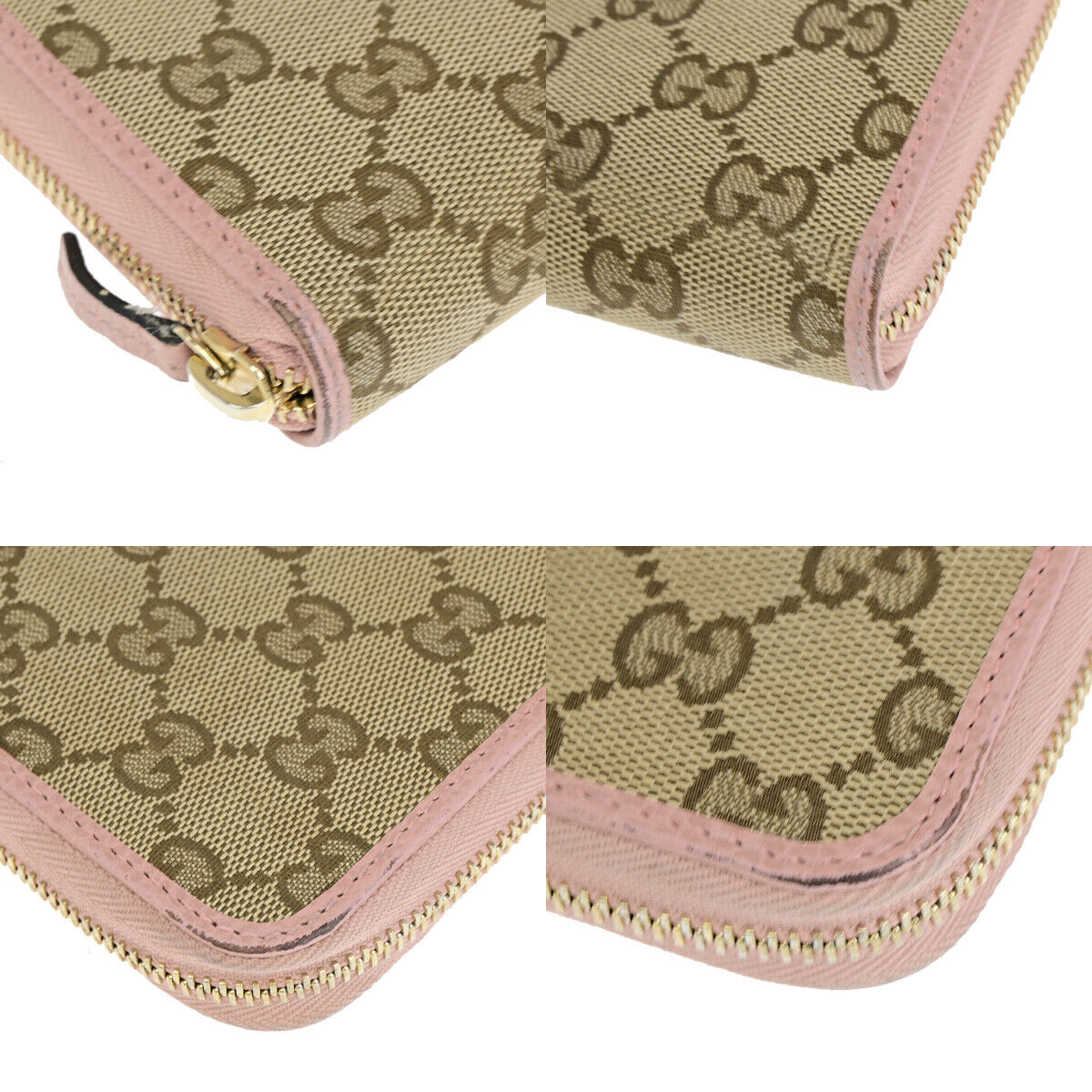 GUCCI GG Pattern Zip Aroung Long Wallet Purse Canvas Leather Brown Pink 69YF034