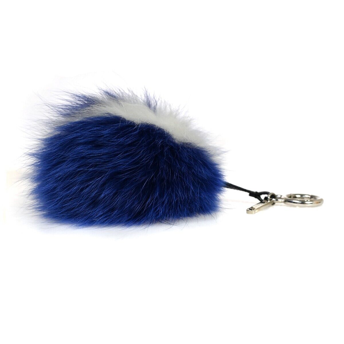 FENDI Logo Pompom Bag Charm Key Chain Fox Fur Leather Bicolor Blue Italy 04GA309