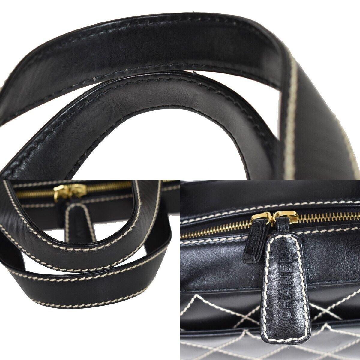 CHANEL CC Logo Wild Stitch Hand Tote Bag Leather Black GHW Italy 673RC754