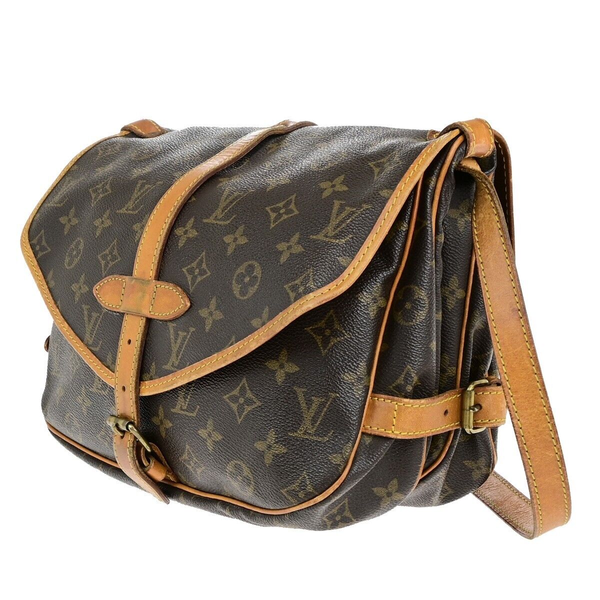 LOUIS VUITTON Logo Saumur 30 Shoulder Bag Monogram Leather Brown M42256 39ED297