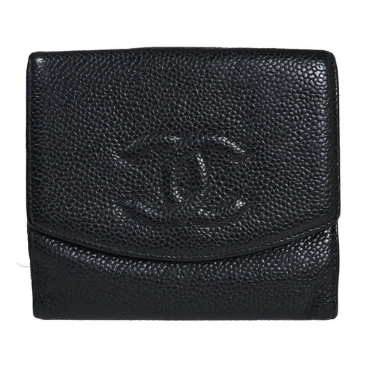 CHANEL CC Logo Bifold Wallet Purse Caviar Skin Leather Black GHW France 61HB366