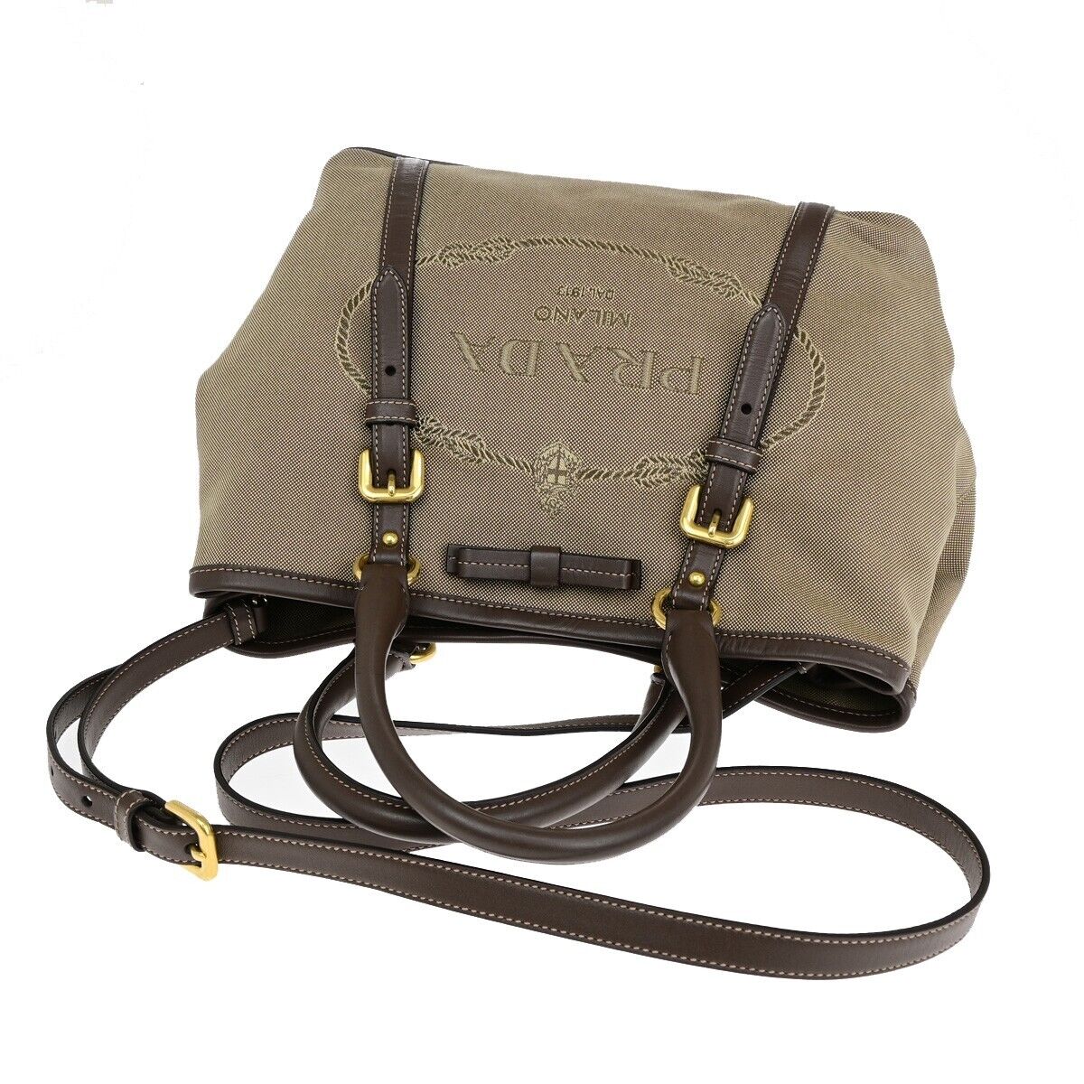 PRADA MILANO Logo Jacquard 2Way Shoulder Hand Bag Canvas Leather KI BN 70EB676