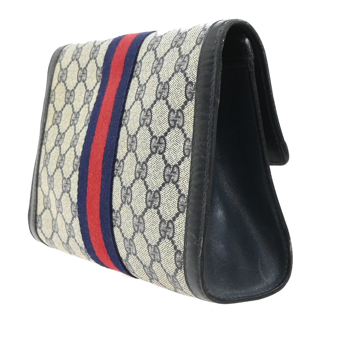 GUCCI Logo GG Sherry Line Clutch Hand Bag PVC Leather Navy Beige Italy 09MA469