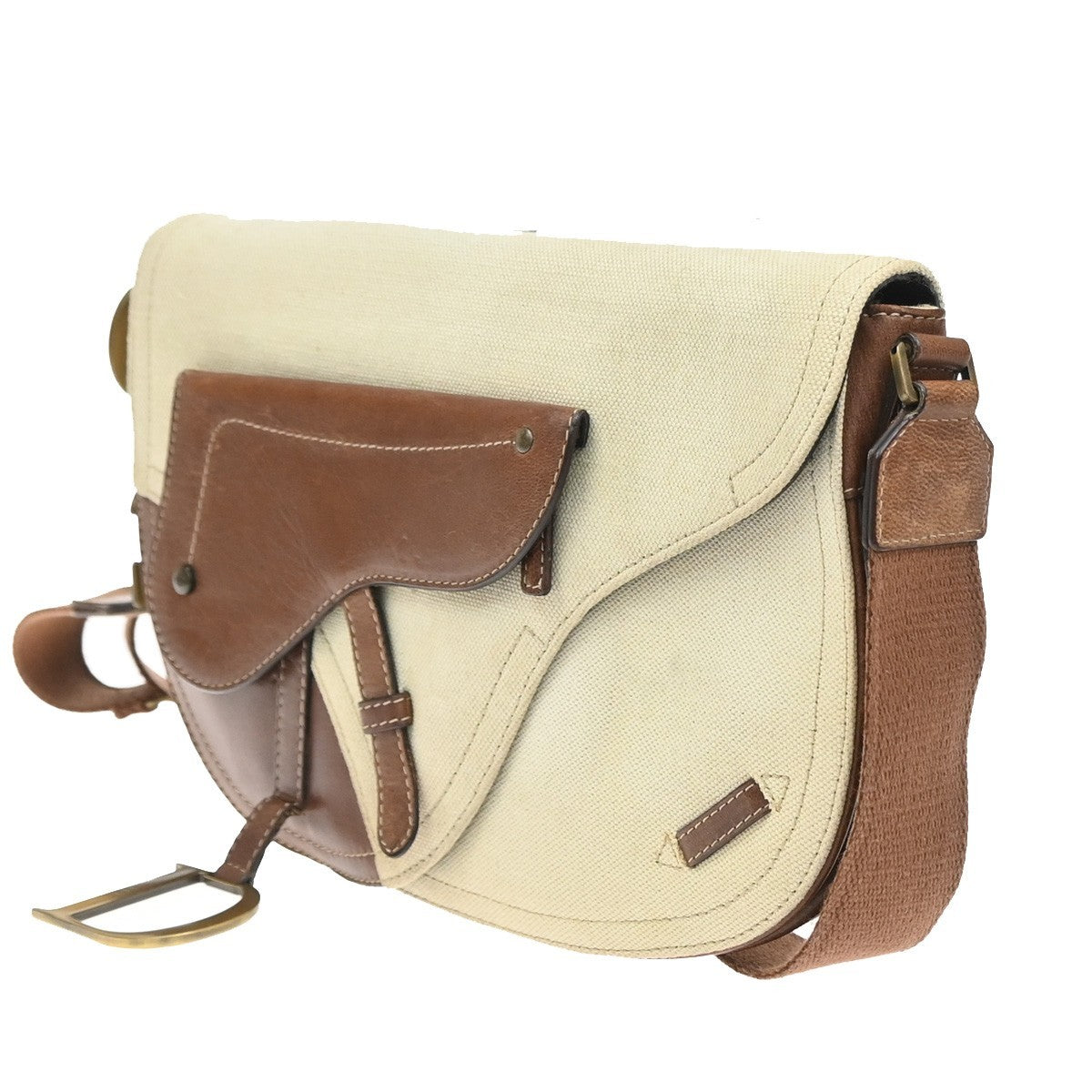 CHRISTIAN DIOR CD Logo Saddle Shoulder Bag Canvas Leather Beige GHW 50CA986