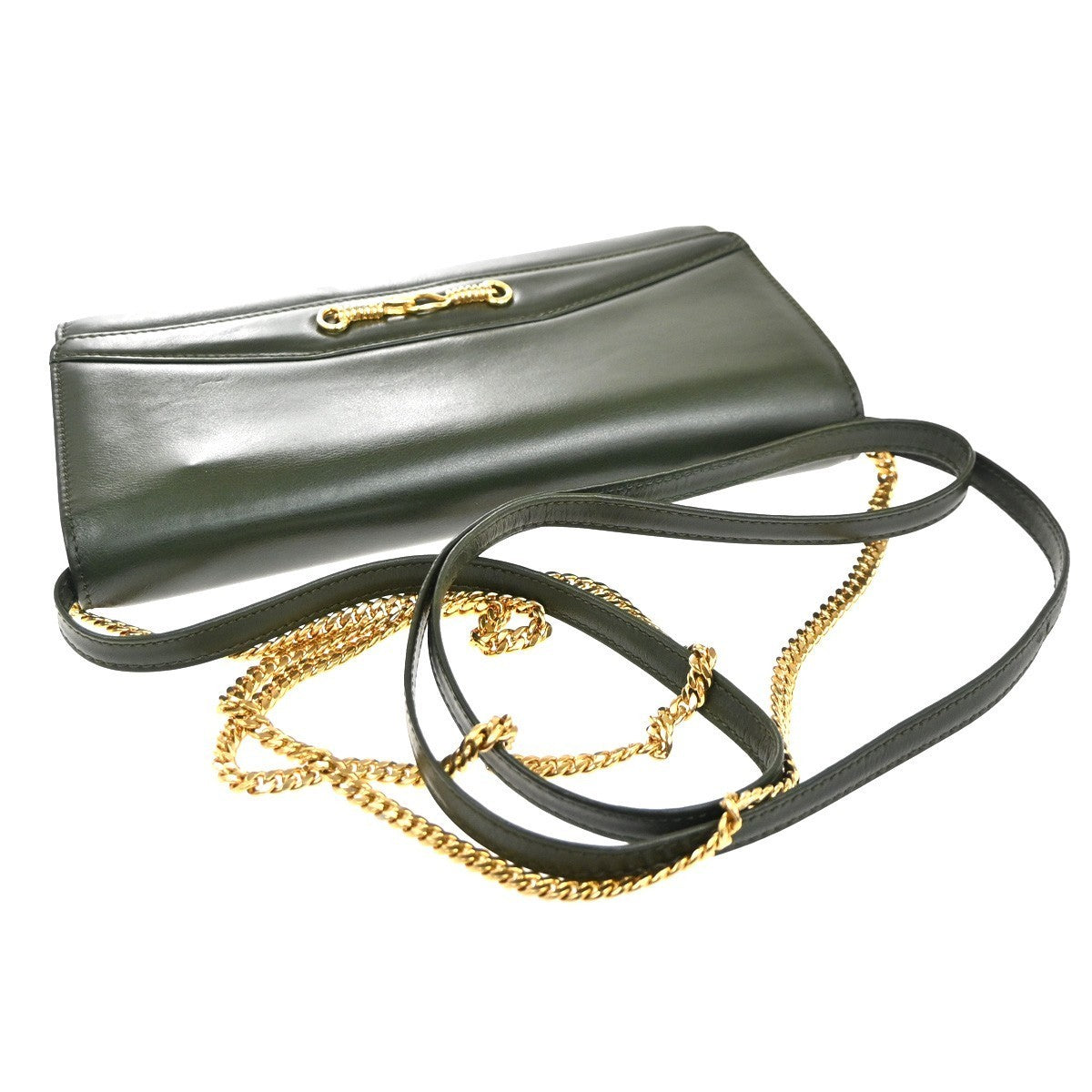 CELINE Logo 2Way Chain Shoulder Clutch Bag Leather Green GHW Italy 38KP439