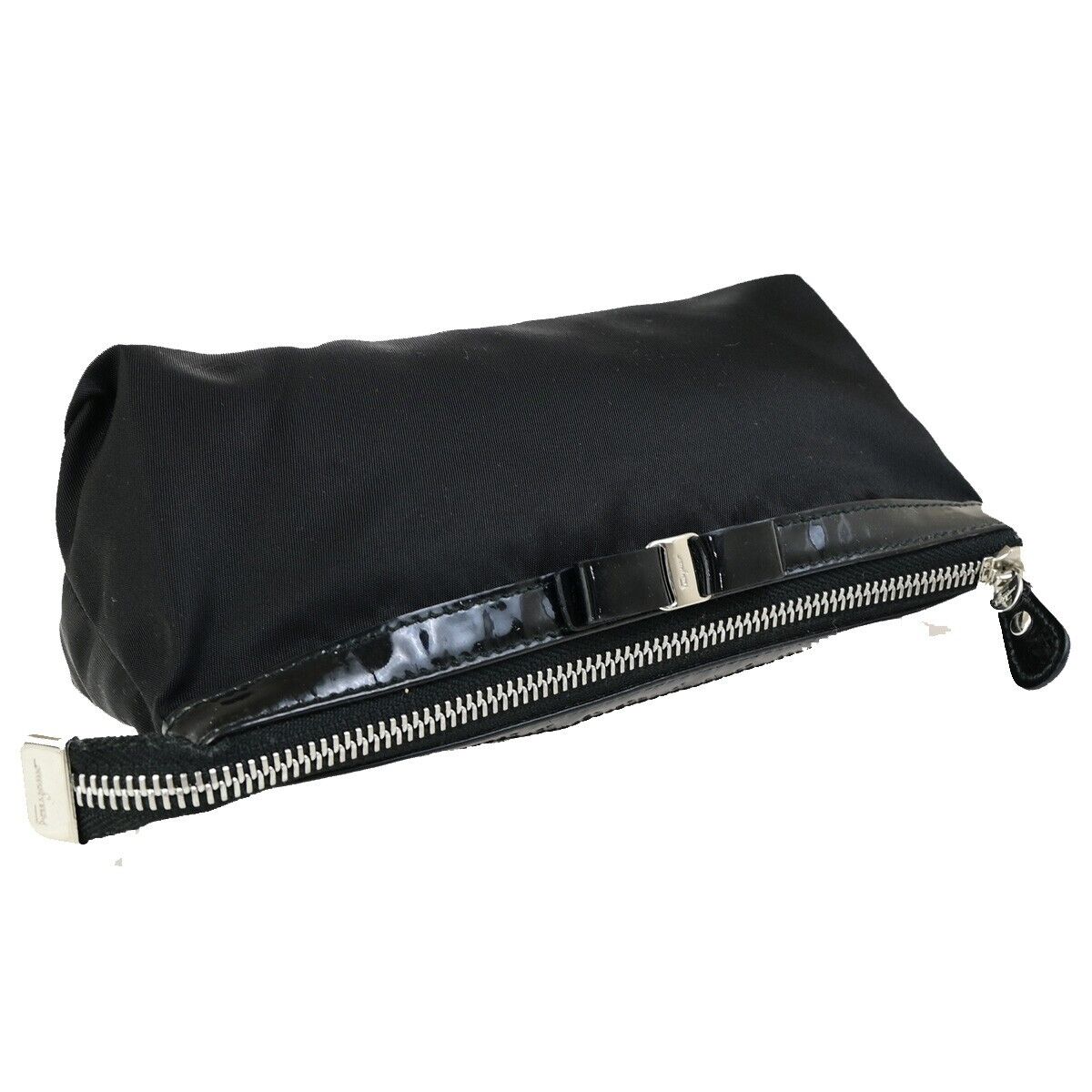 SALVATORE FERRAGAMO Vara Cosmetic Pouch Bag Nylon Leather Black 07KA515