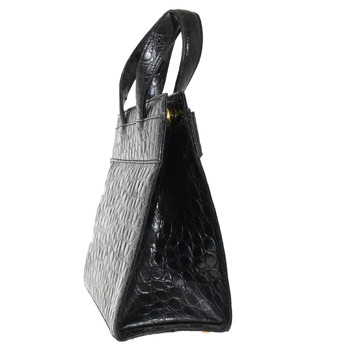 SALVATORE FERRAGAMO Logo Vara Hand Bag Embossing Leather Black Gold 32FA281