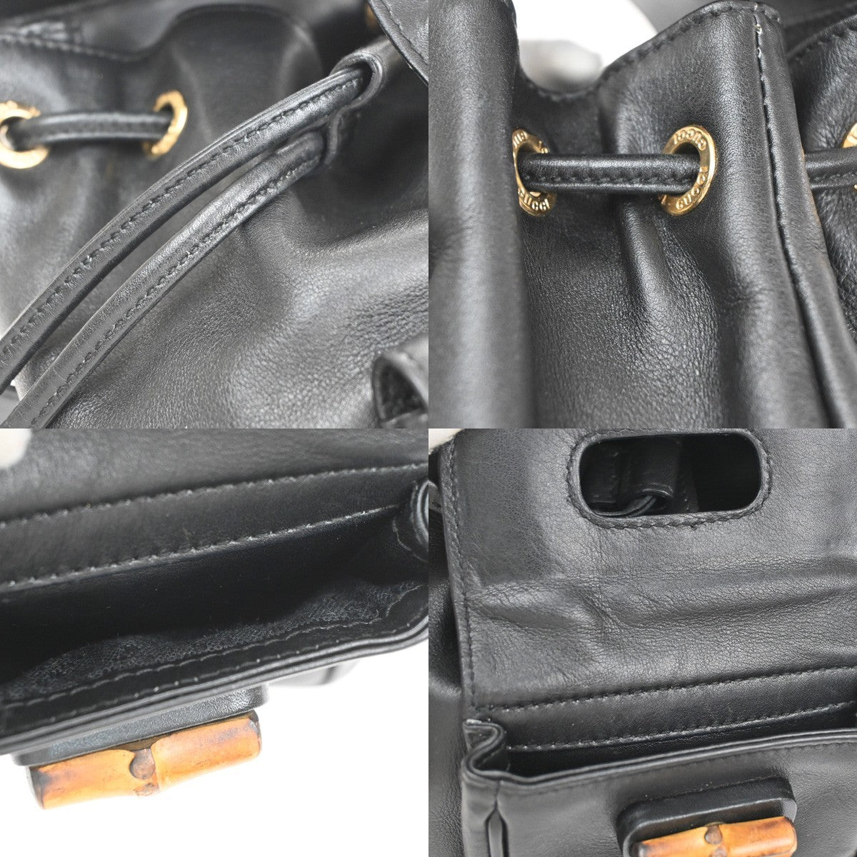GUCCI Logo Bamboo Drawstring Backpack Bag Leather Black GHW Italy 85CA872