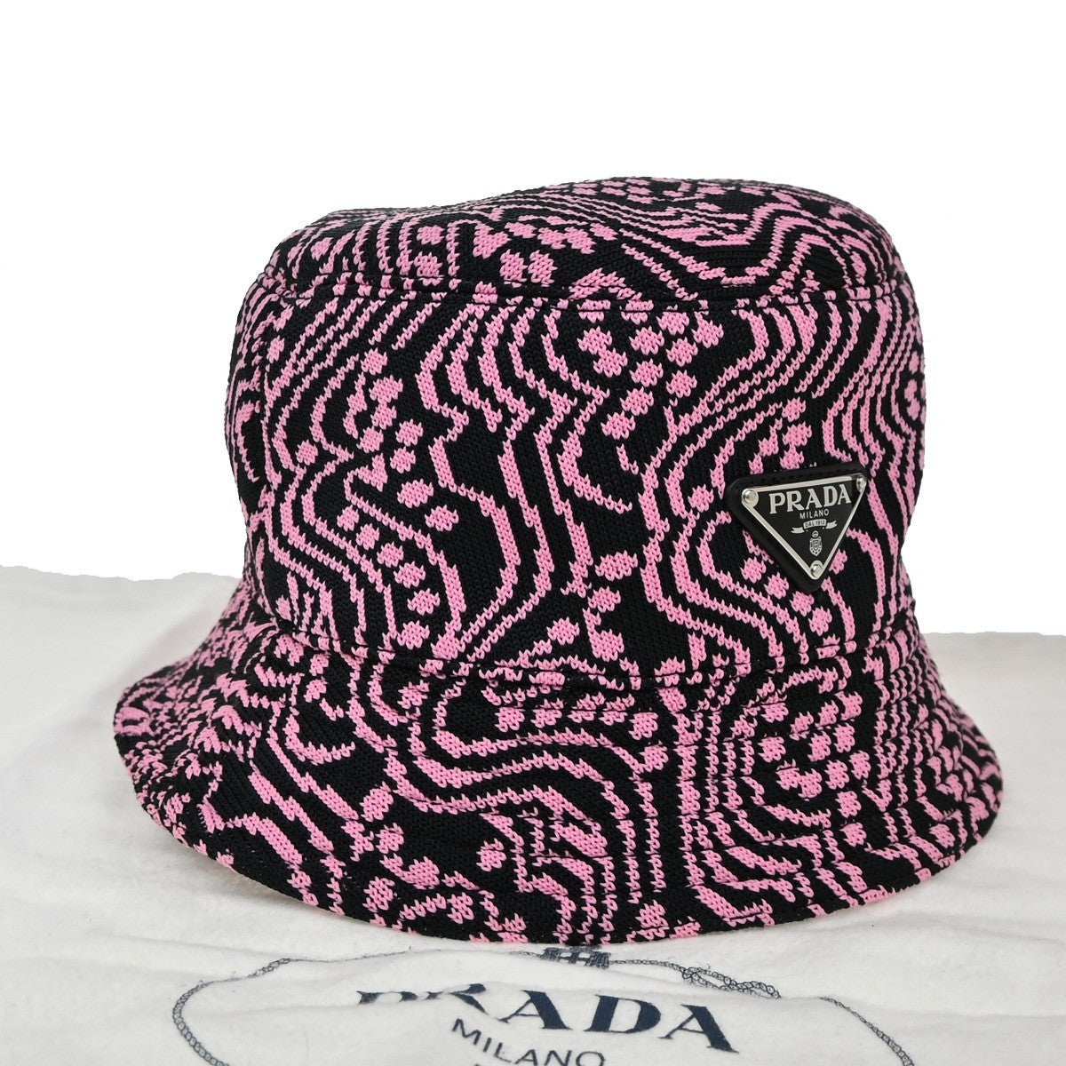 PRADA Logo Bucket Hat Size S Jacquard Pink Black Italy 80KB484