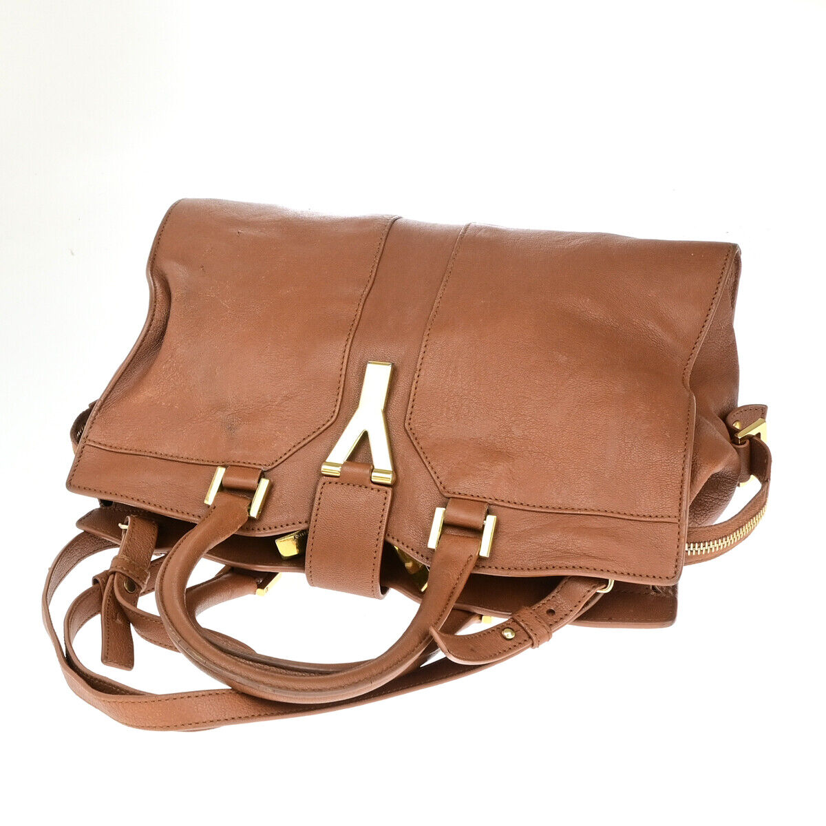 YVES SAINT LAURENT Y Cabas Chyc 2Way Shoulder Hand Bag Leather Brown GHW 73YG294