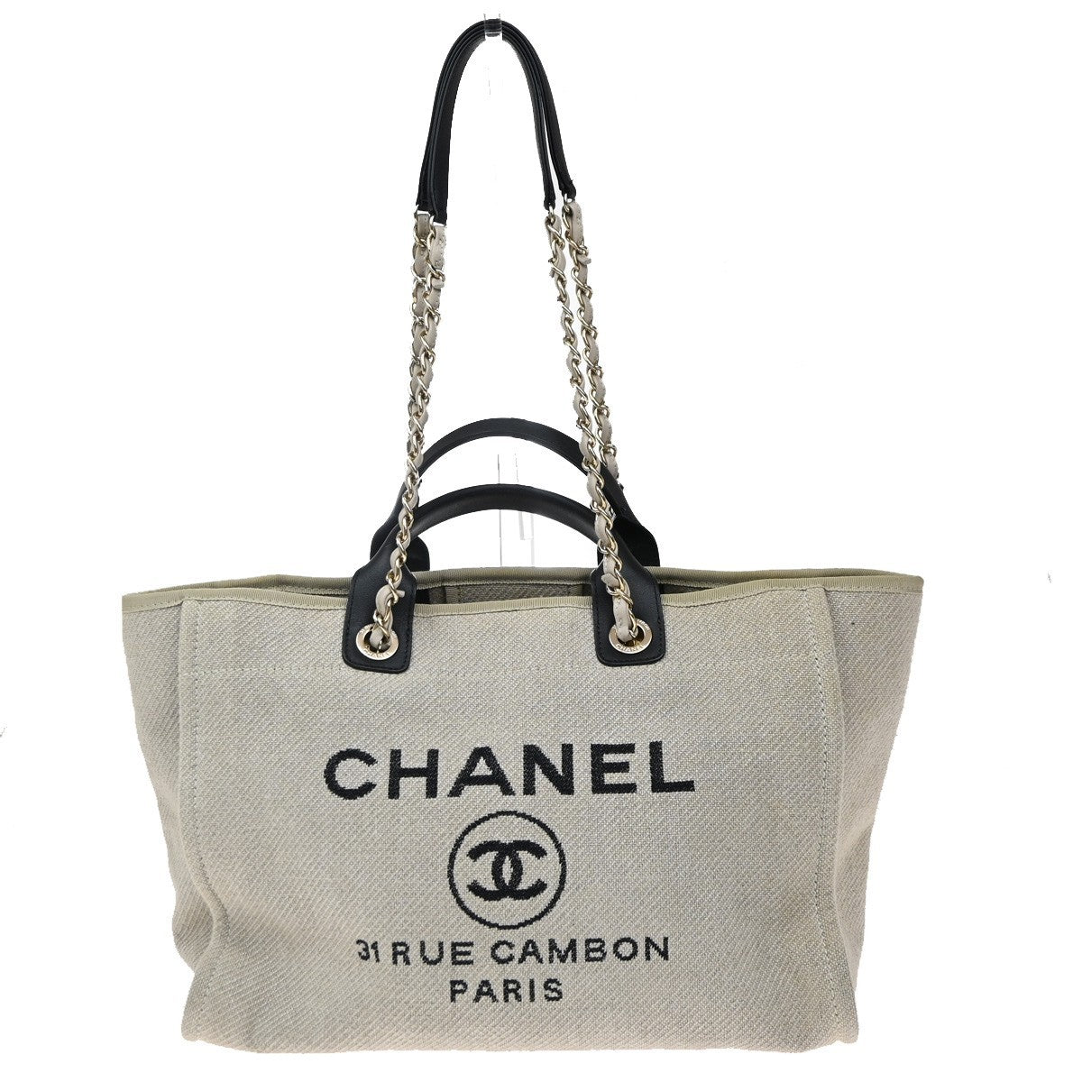 CHANEL Deauville 2Way Shoulder Hand Tote Bag Canvas Leather White Black 898RF787