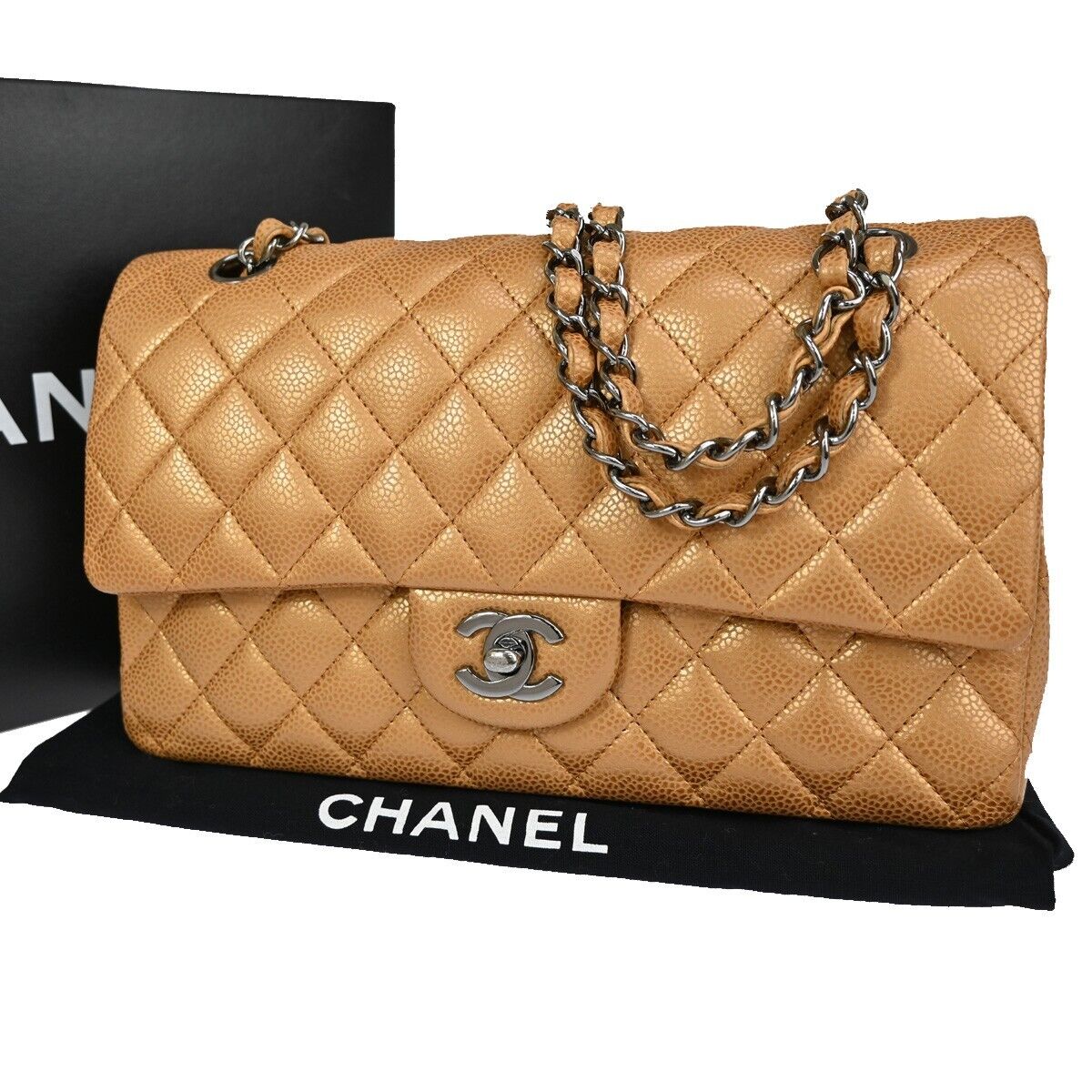 CHANEL CC Matelasse 25 Double Flap Chain Shoulder Bag Caviar Leather 6083LC452