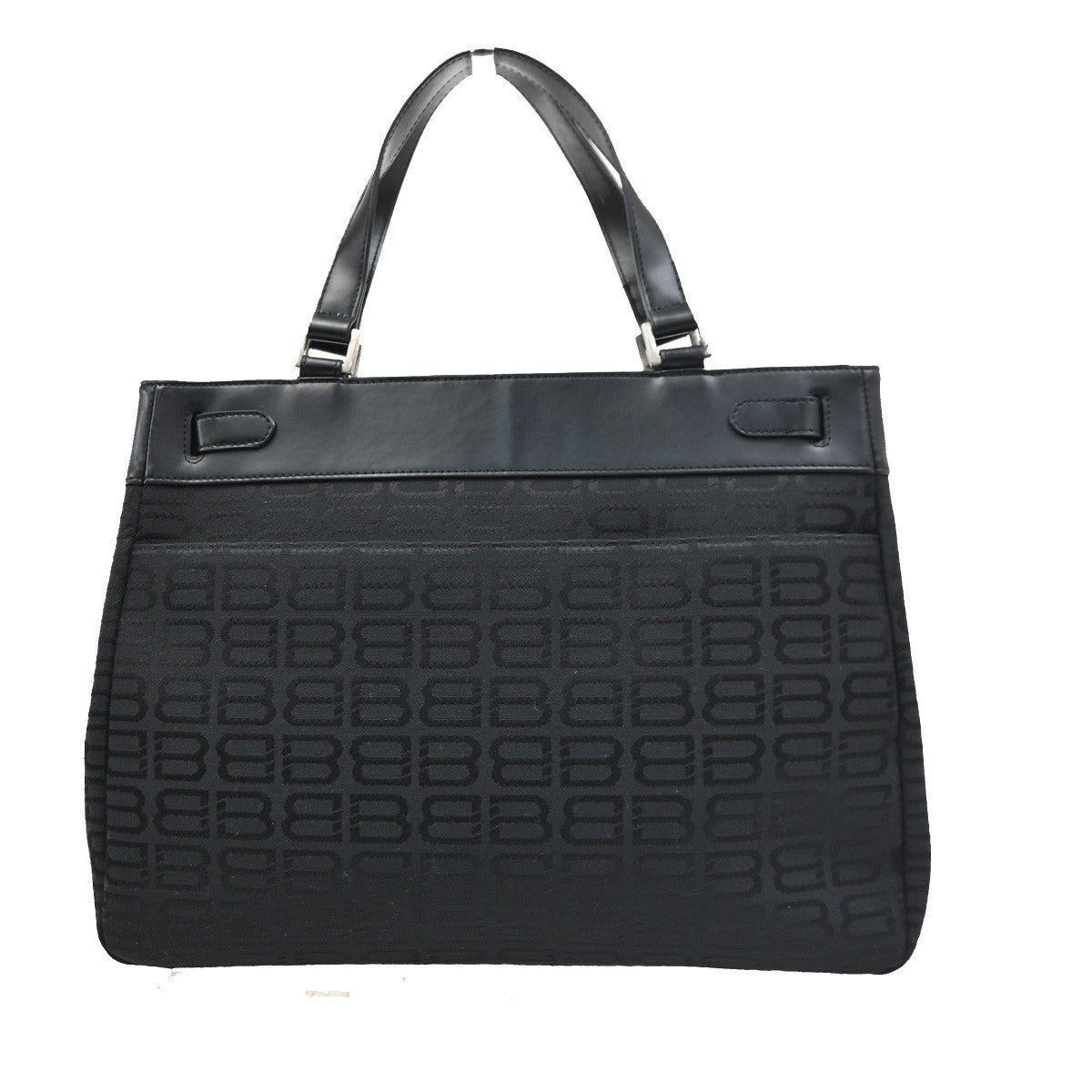 BALENCIAGA Logo BB Pattern Tote Hand Bag Canvas Leather Black SHW 67KD106