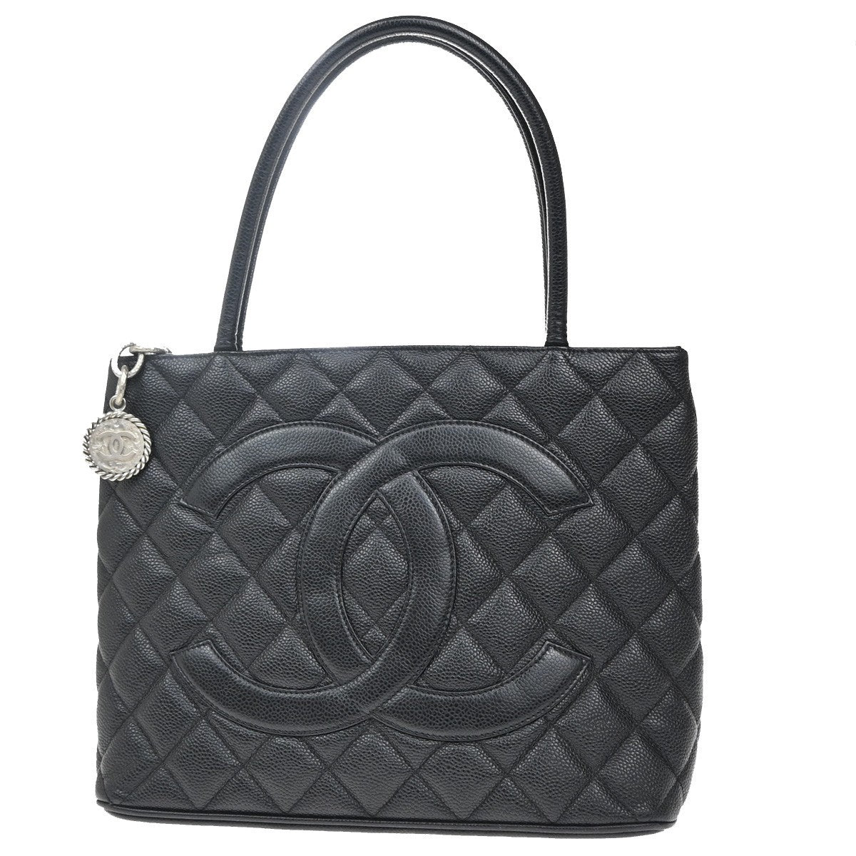 CHANEL Medallion Matelasse Shoulder Bag Grained Calfskin Leather Black 620RF881