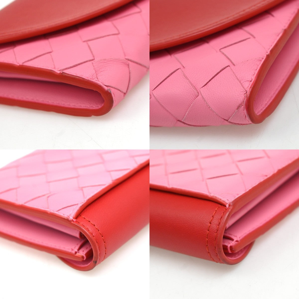 BOTTEGA VENETA Intrecciato Bicolor Bifold Long Wallet Leather Pink Red 37RF975
