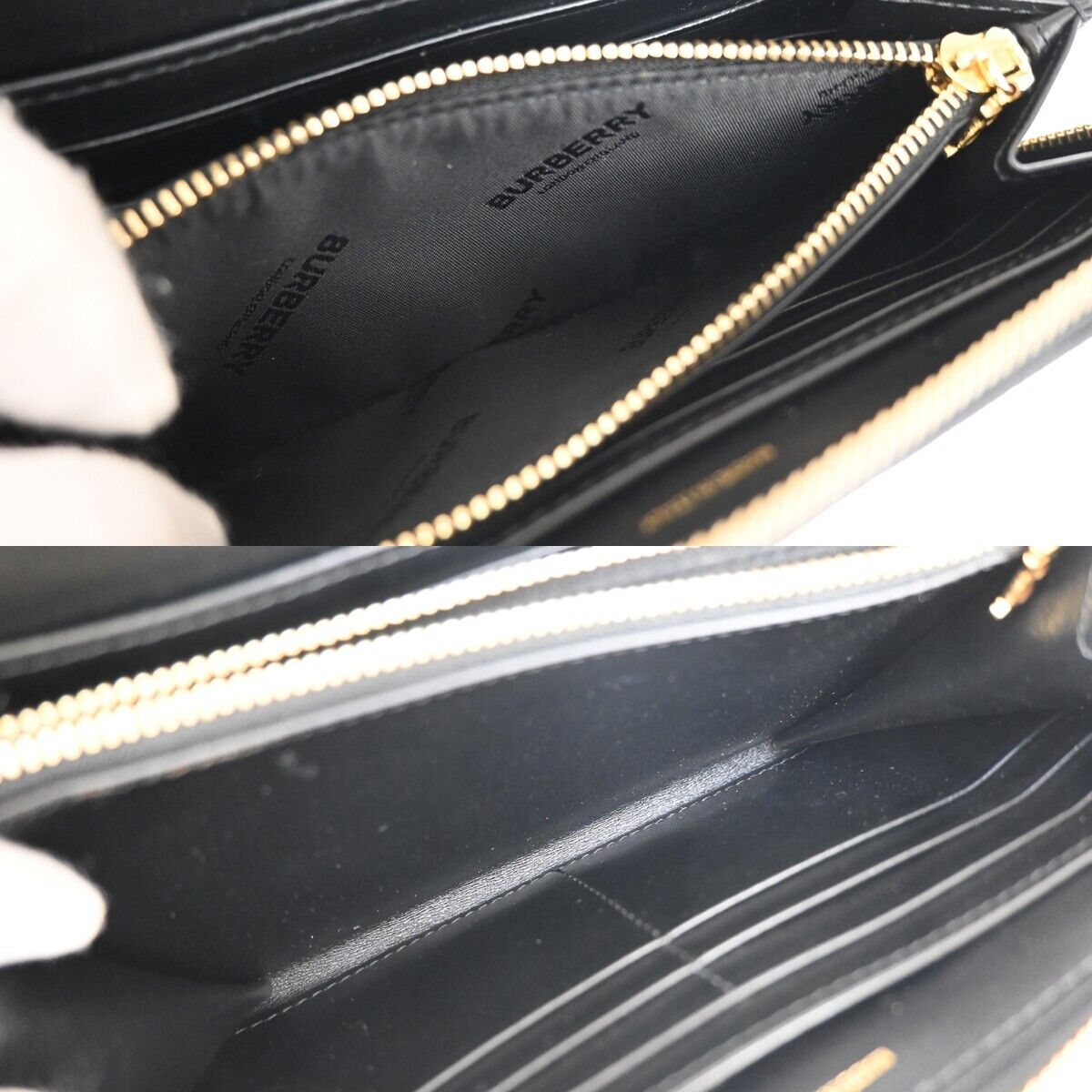 BURBERRY Logo  Zipper Long Wallet Purse Leather Black Gold Italy 31KA118