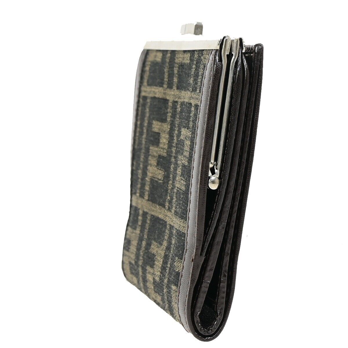 FENDI Logo Zucca Pattern Bifold Wallet Purse Canvas Leather Brown Italy 09HB977