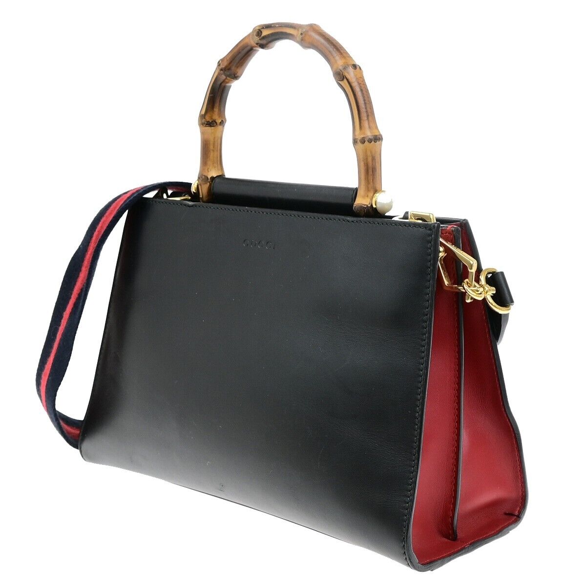 GUCCI Logo Nymphaea 2Way Shoulder Hand Bag Bamboo Leather Black Red 73ED428