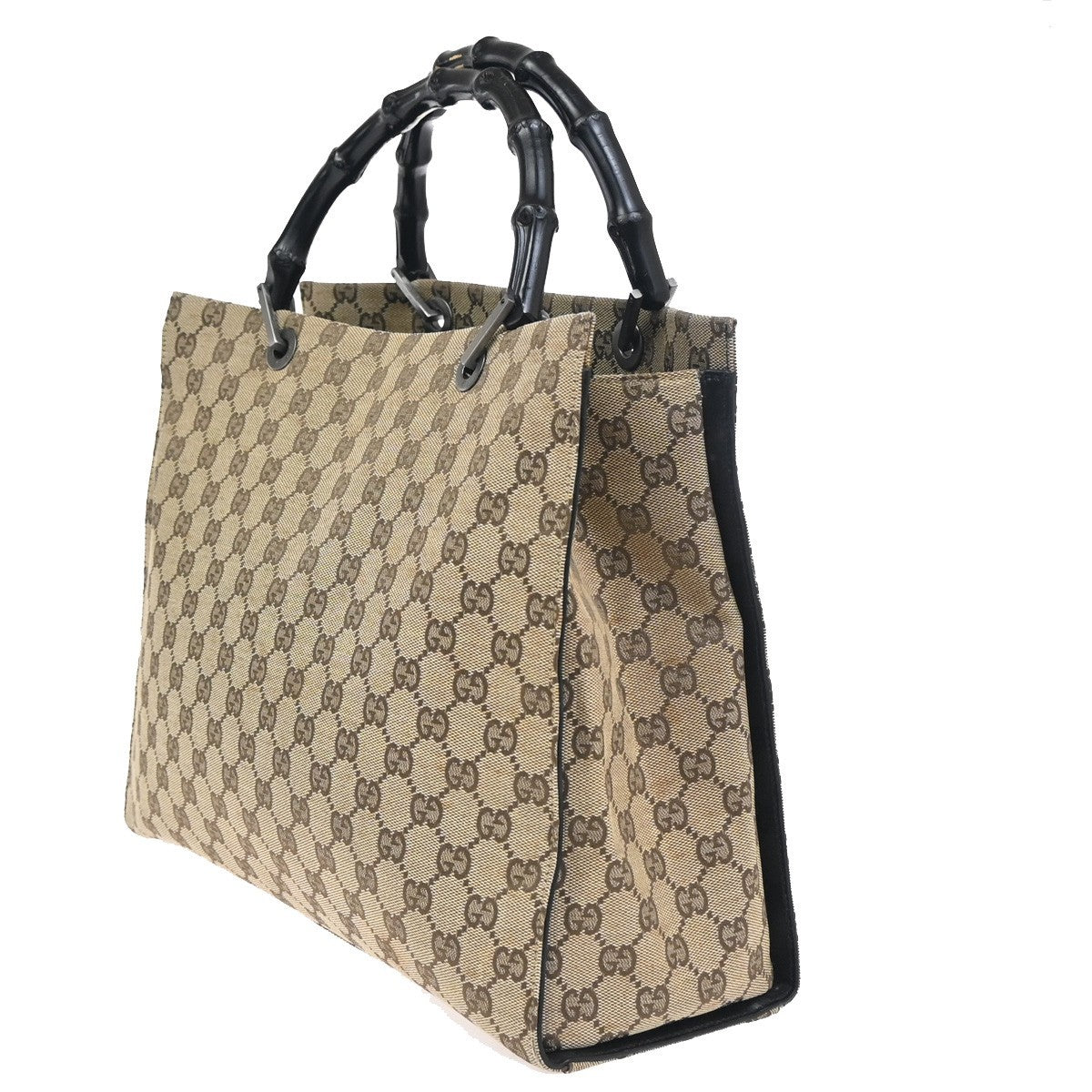 GUCCI Logo GG Pattern Hand Tote Bag Bamboo Canvas Leather BE Brown Italy 69ZA339