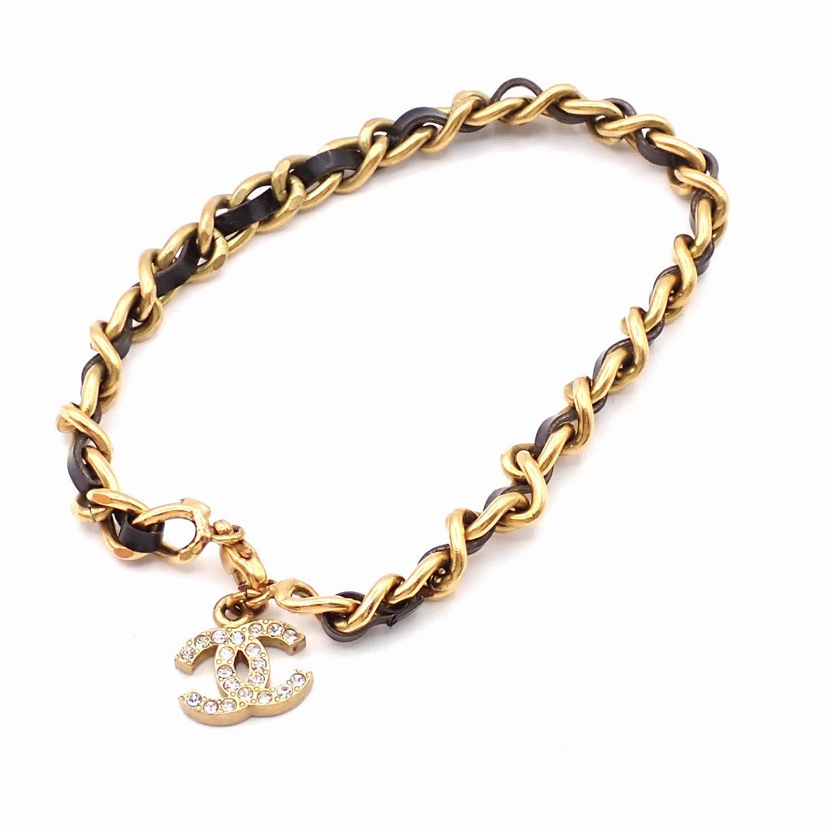 CHANEL CC Rhinestone Chain Bracelet Anklet Leather 95P GHW Black Vintage 12RL959