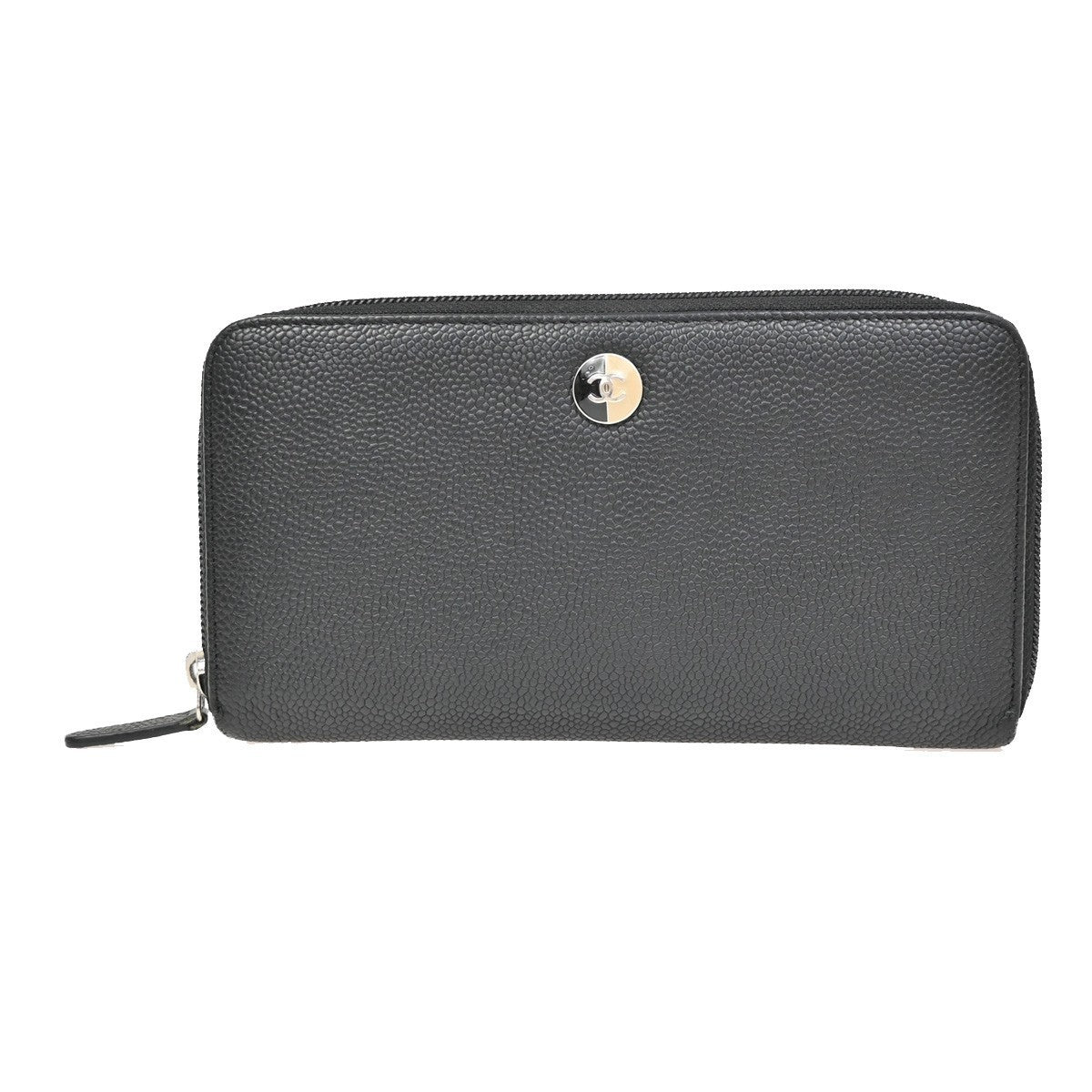 CHANEL CC Zipper Long Bifold Wallet Purse Grained Calfskin Leather Black 80KB288