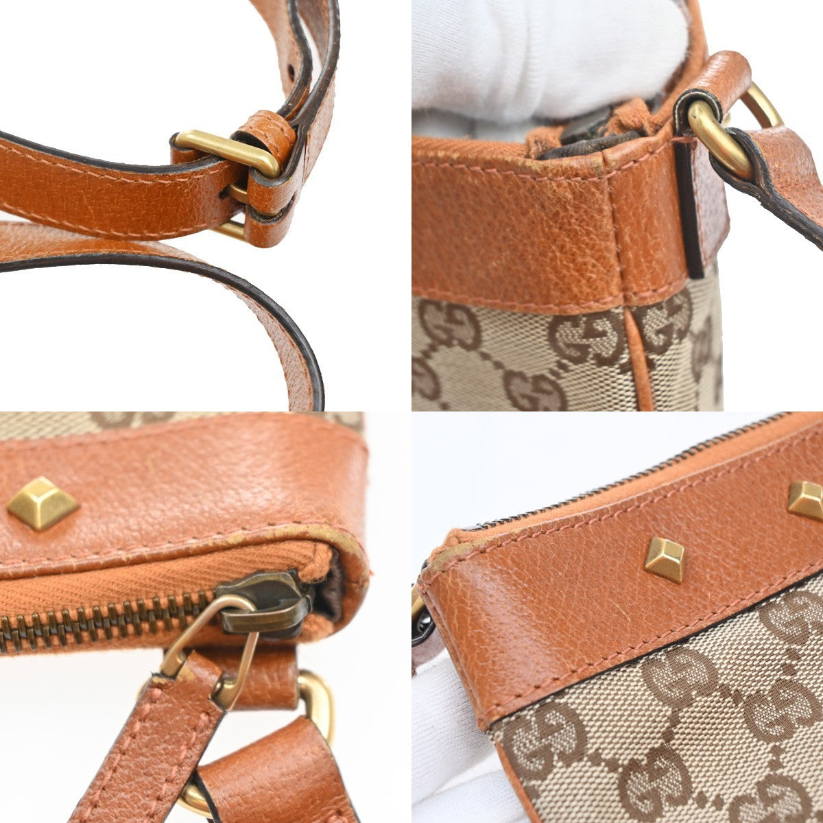 GUCCI Nailhead GG Pattern Shoulder Bag Canvas Leather Brown Orange 70YJ155
