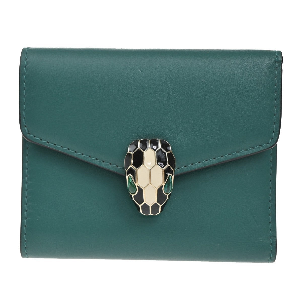 BVLGARI Serpenti Forever Trifold Wallet Leather Green Black snake Italy 39RL447