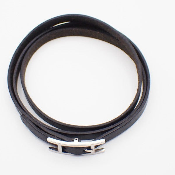 HERMES Api 3 Triple Tour Long Bracelet SHW Leather Sliver Black 64RL493