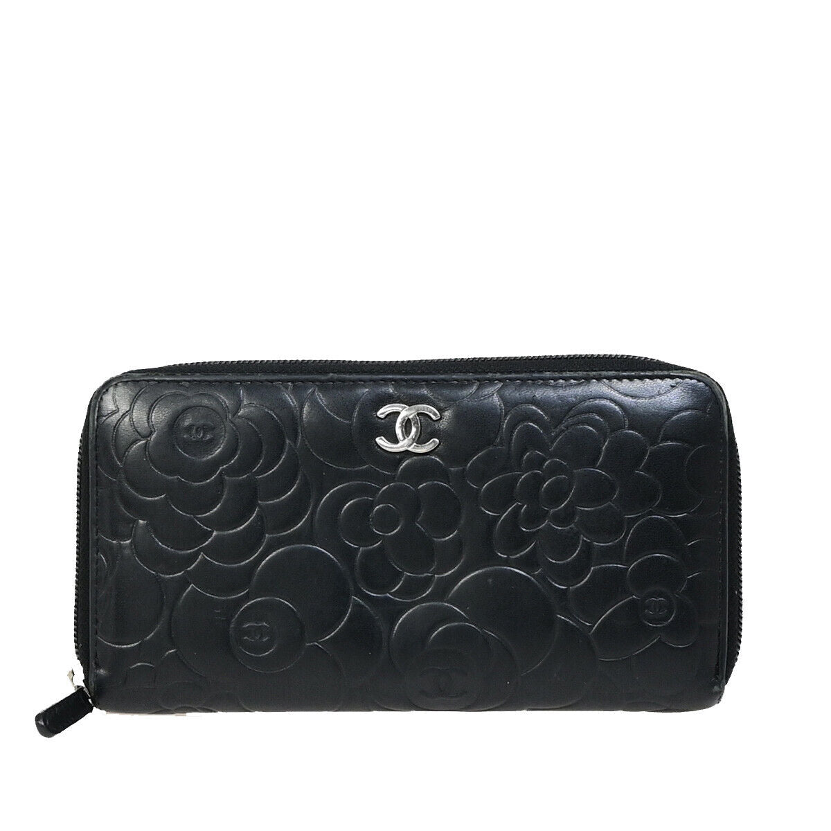 CHANEL CC Logo Camellia Pattern Zip Around Long Wallet Leather Black 30EB556