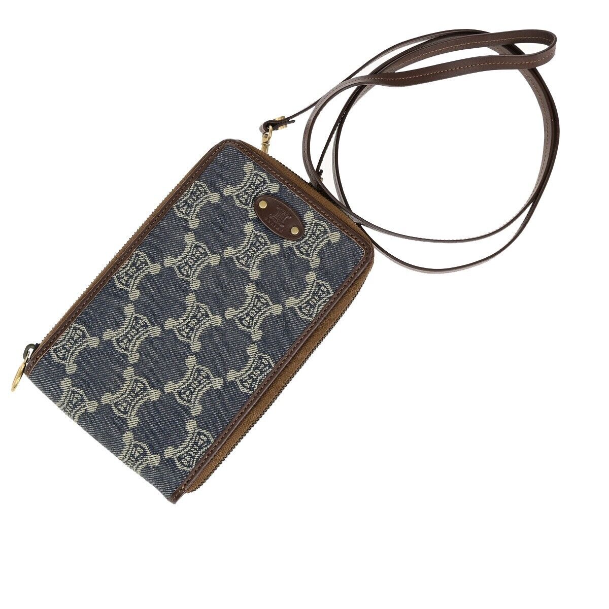 CELINE Logo Macadam Pattern Shoulder Mini,Wallet Denim Leather Blue GHW 36SJ350