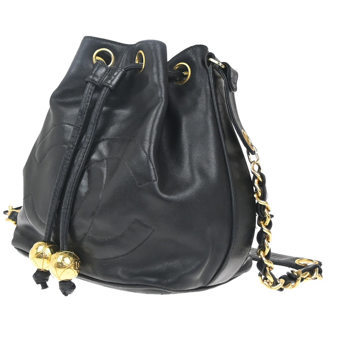 CHANEL CC Logo Drawstring Mini Chain Shoulder Bag Leather Black Vintage 40RP062