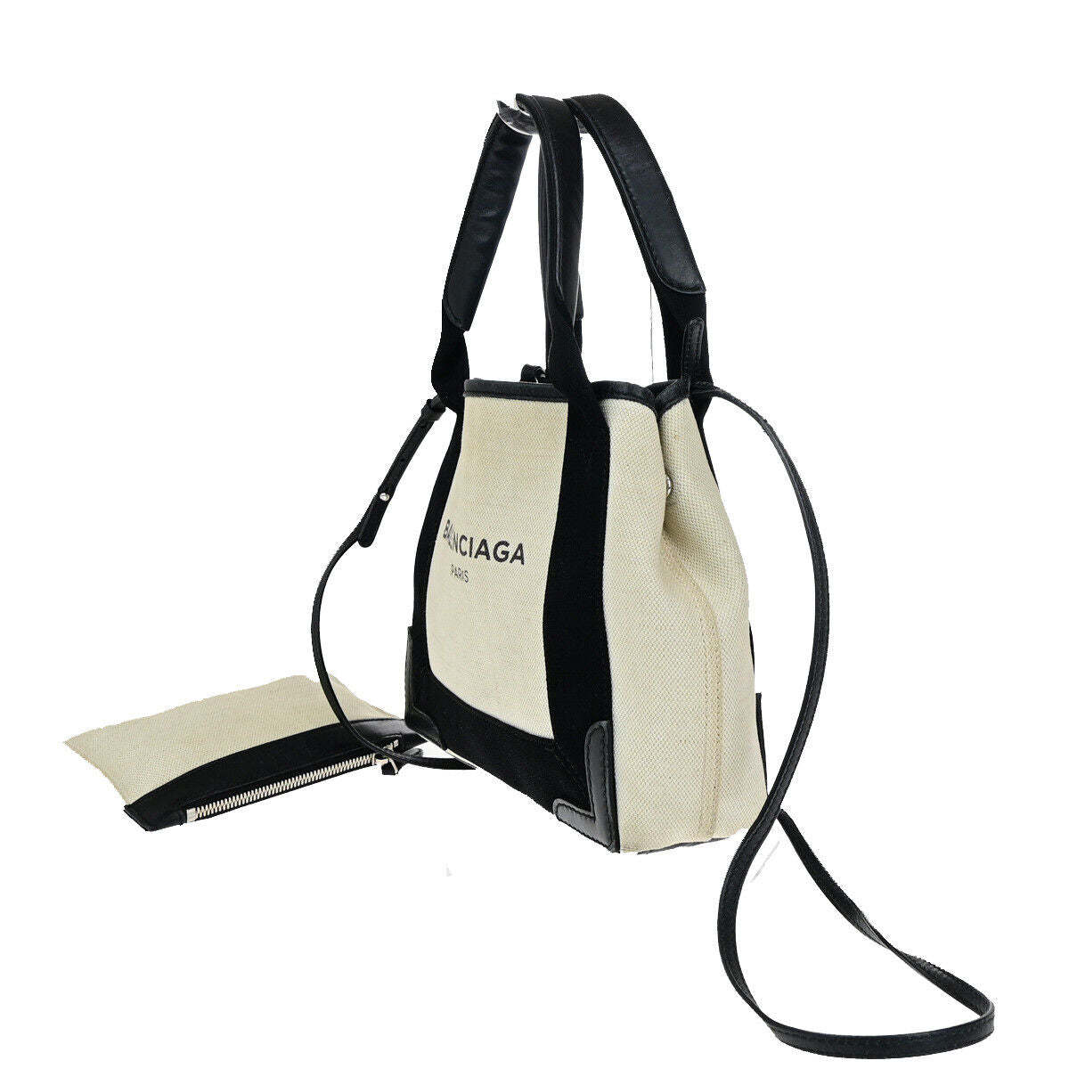 BALENCIAGA Navy Cabas XS 2Way Shoulder Hand Bag Canvas Leather Ivory BK 69YE661