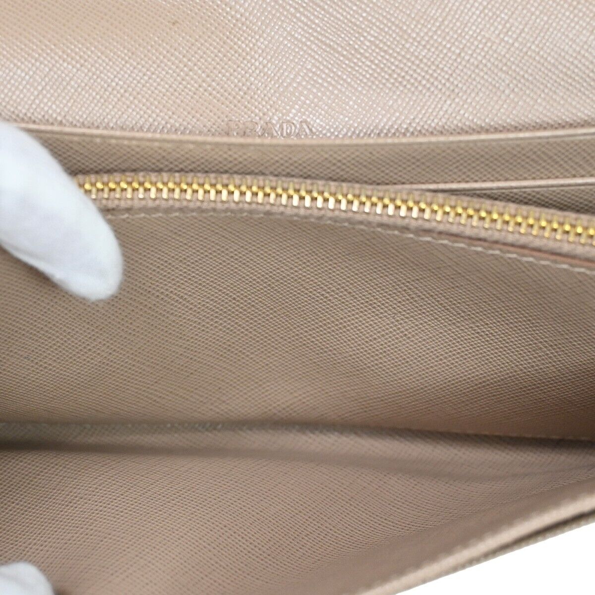 PRADA Logo Saffiano Long Bifold Wallet Purse Leather Beige Gold Italy 05SH556