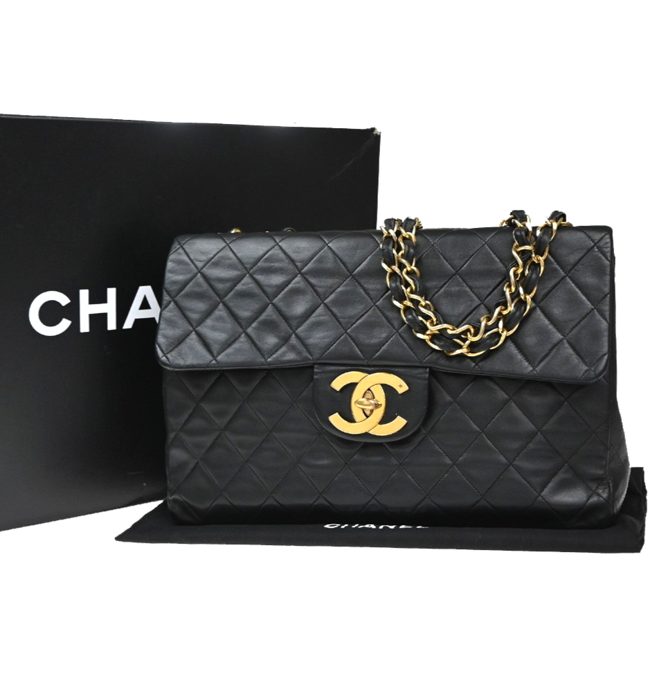 CHANEL CC Logo Maxi Jumbo Matelasse 34 Chain Shoulder Bag Leather Black 806RQ017